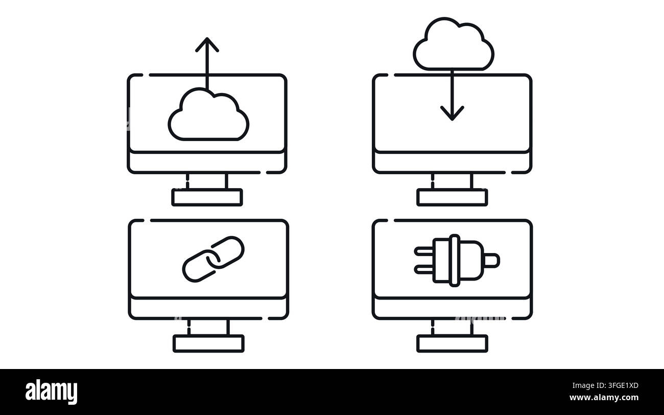 Cloud computing transfer and web connectivity computer monitors vector icons set. Black line art style on white background. Stock Vector