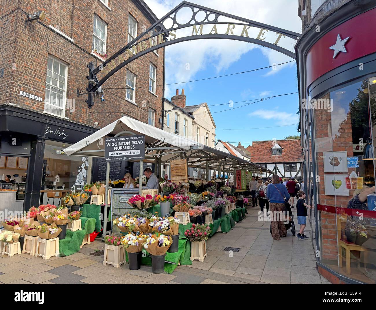 Wigginton Road Nurseries flower stall at Shambles Market, Jubbergate, York, England, UK. Stock Photo