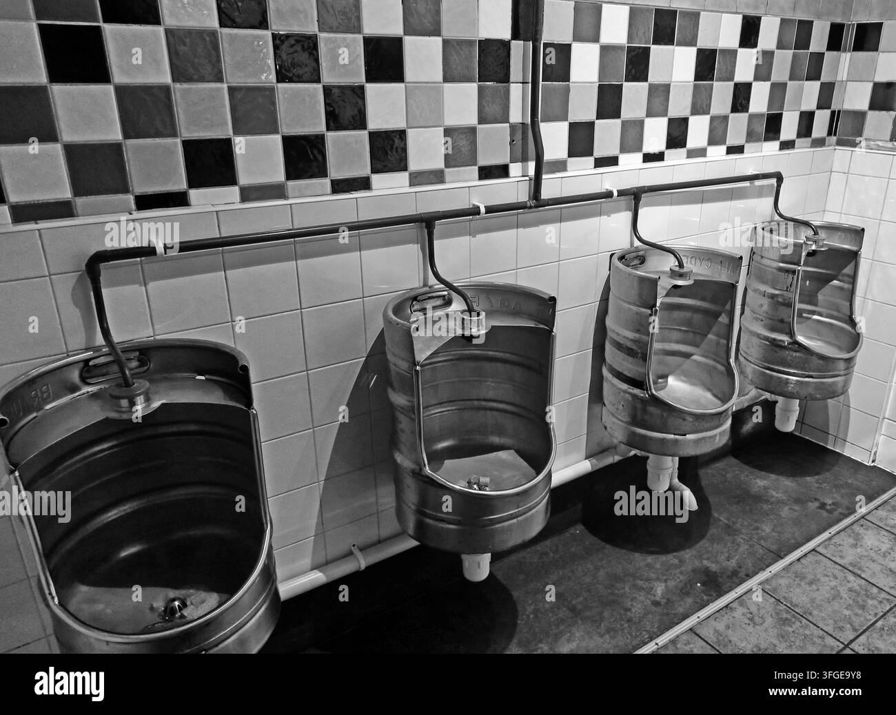 Beer kegs adapted as urinals in the toilets at The Live Rooms music venue, Chester, England, UK. Stock Photo