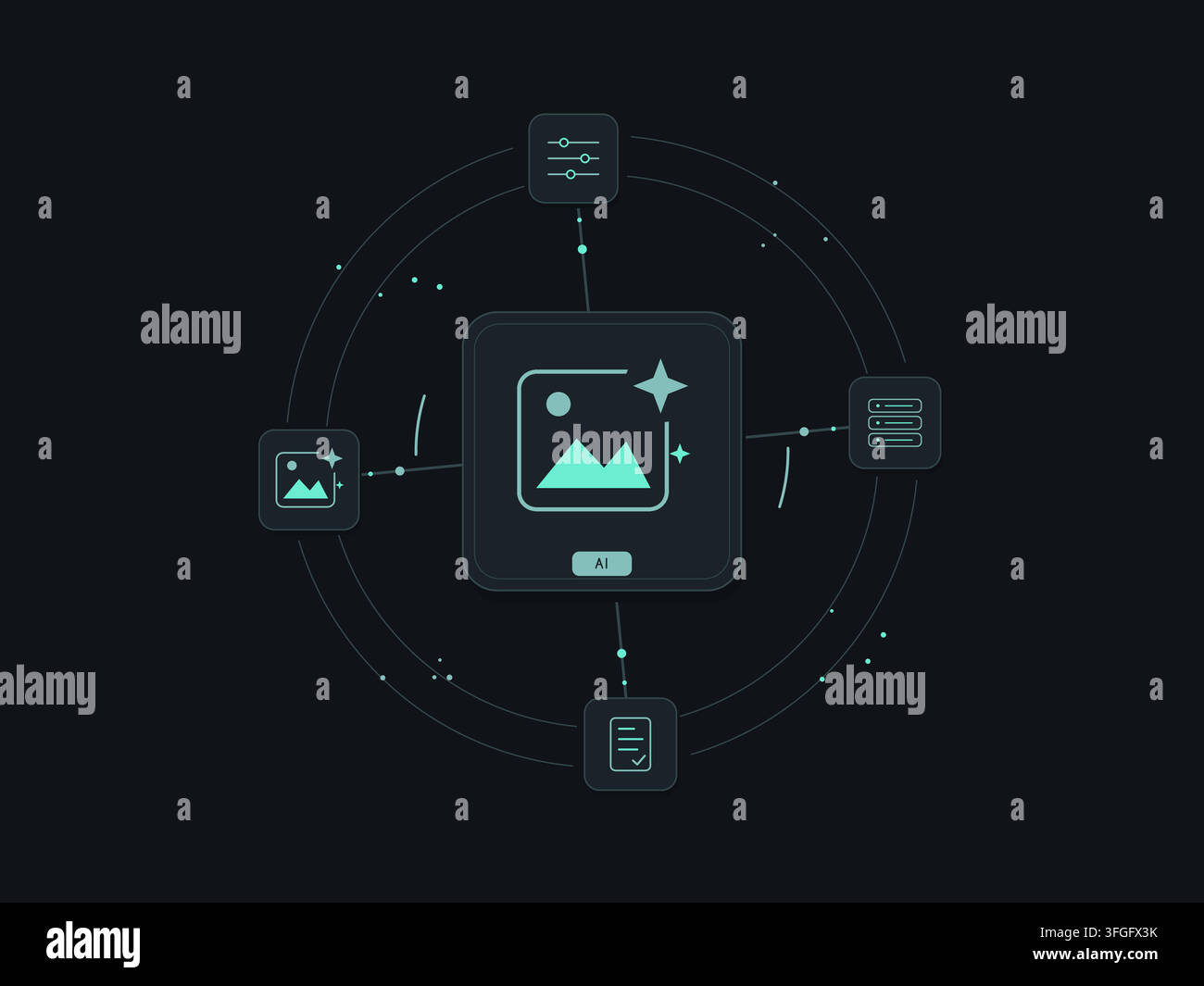 Generative AI creative tools with connected technology symbols and editable geometric shapes. Stock Vector