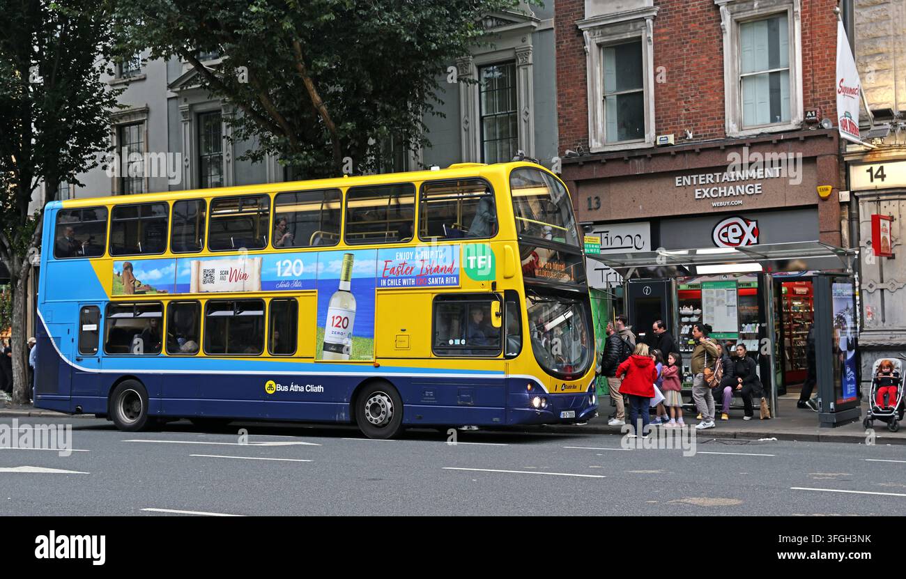 Dublin Bus route 1 double-decker on O’Connell Street with city-centre passengers, Dublin, Ireland. Stock Photo