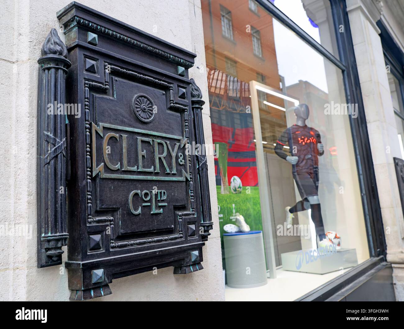 Historic Clerys clock on O'Connell Street in Dublin, restored as a famous meeting place outside the former department store. Stock Photo