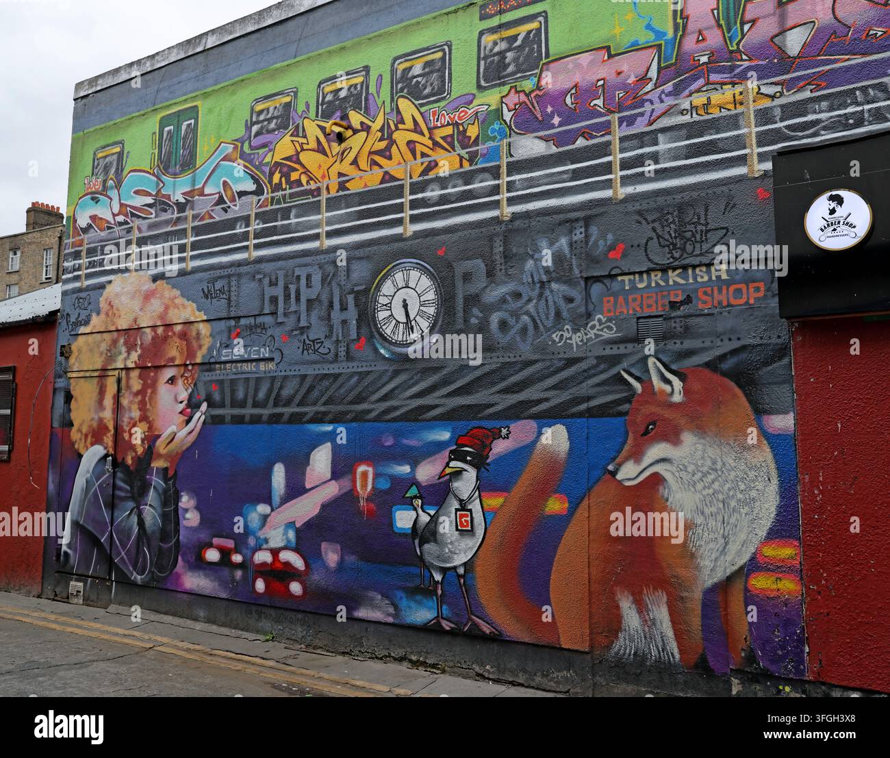 DART train passes colourful urban murals and graffiti beside the railway in Dublin, combining public transport with street art. Stock Photo