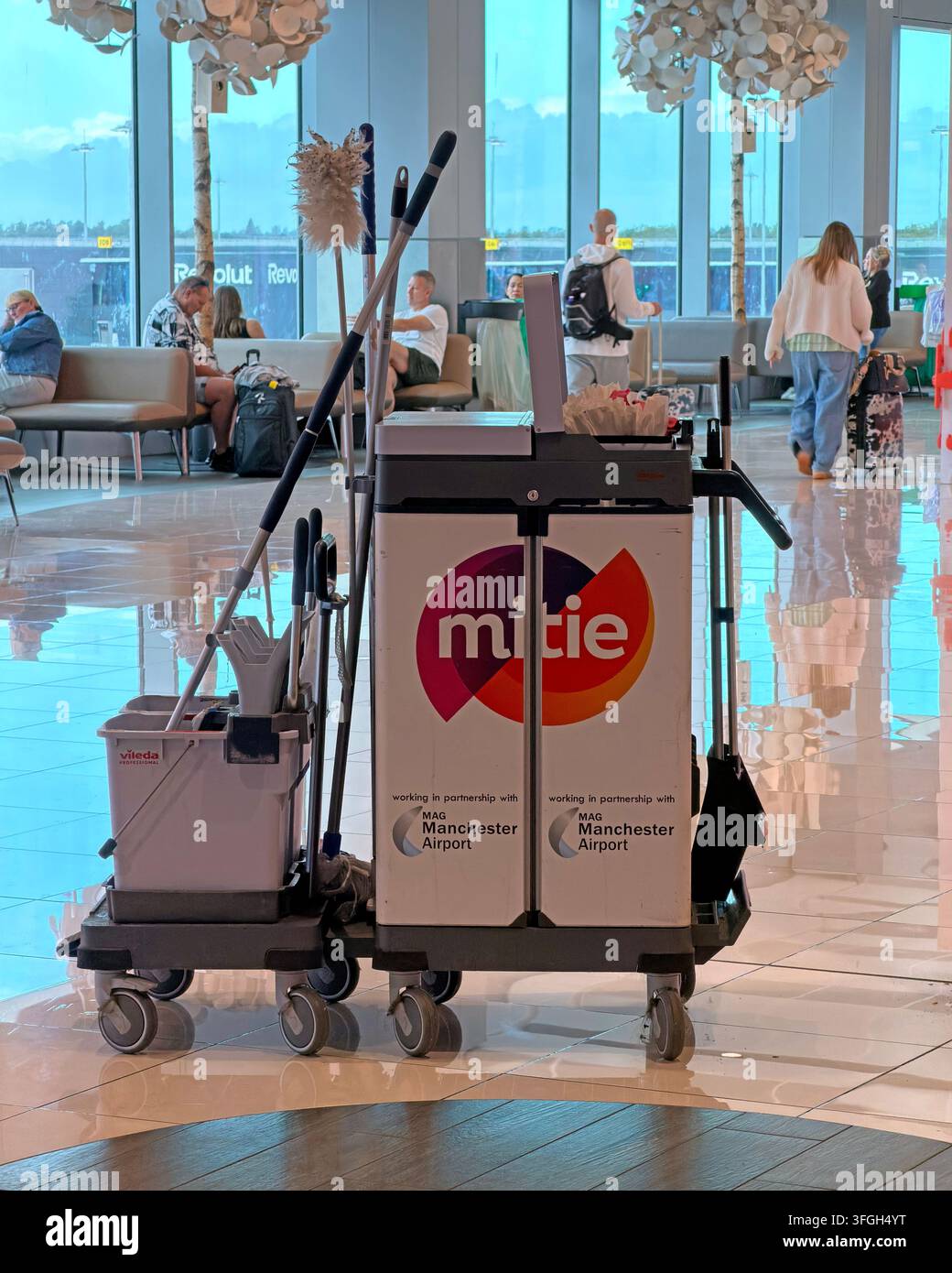 Mitie cleaning station and equipment inside Manchester Airport, England, UK. Stock Photo