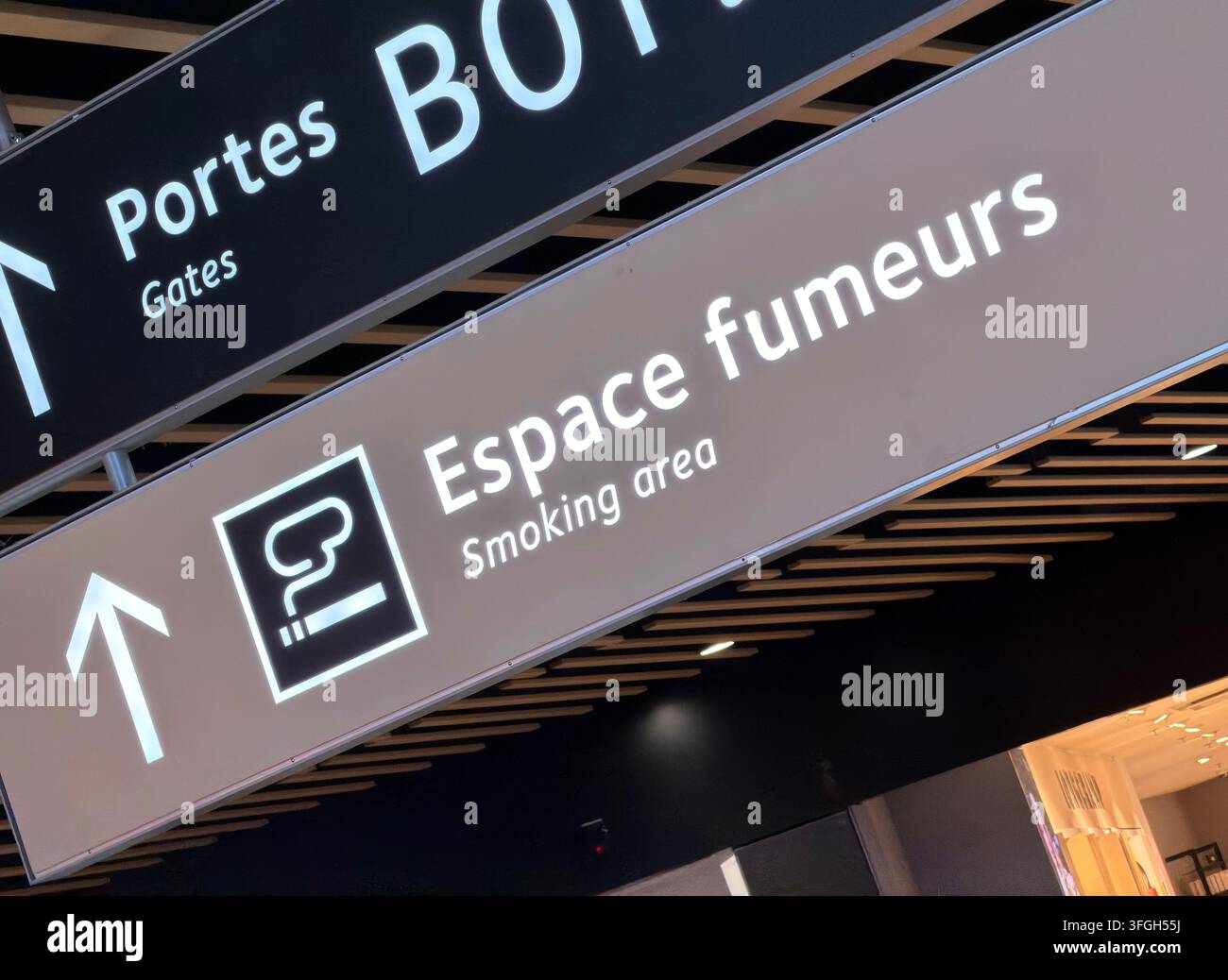 Bilingual airport sign directs passengers to a smoking area at Lyon Saint-Exupéry Airport, France. Stock Photo