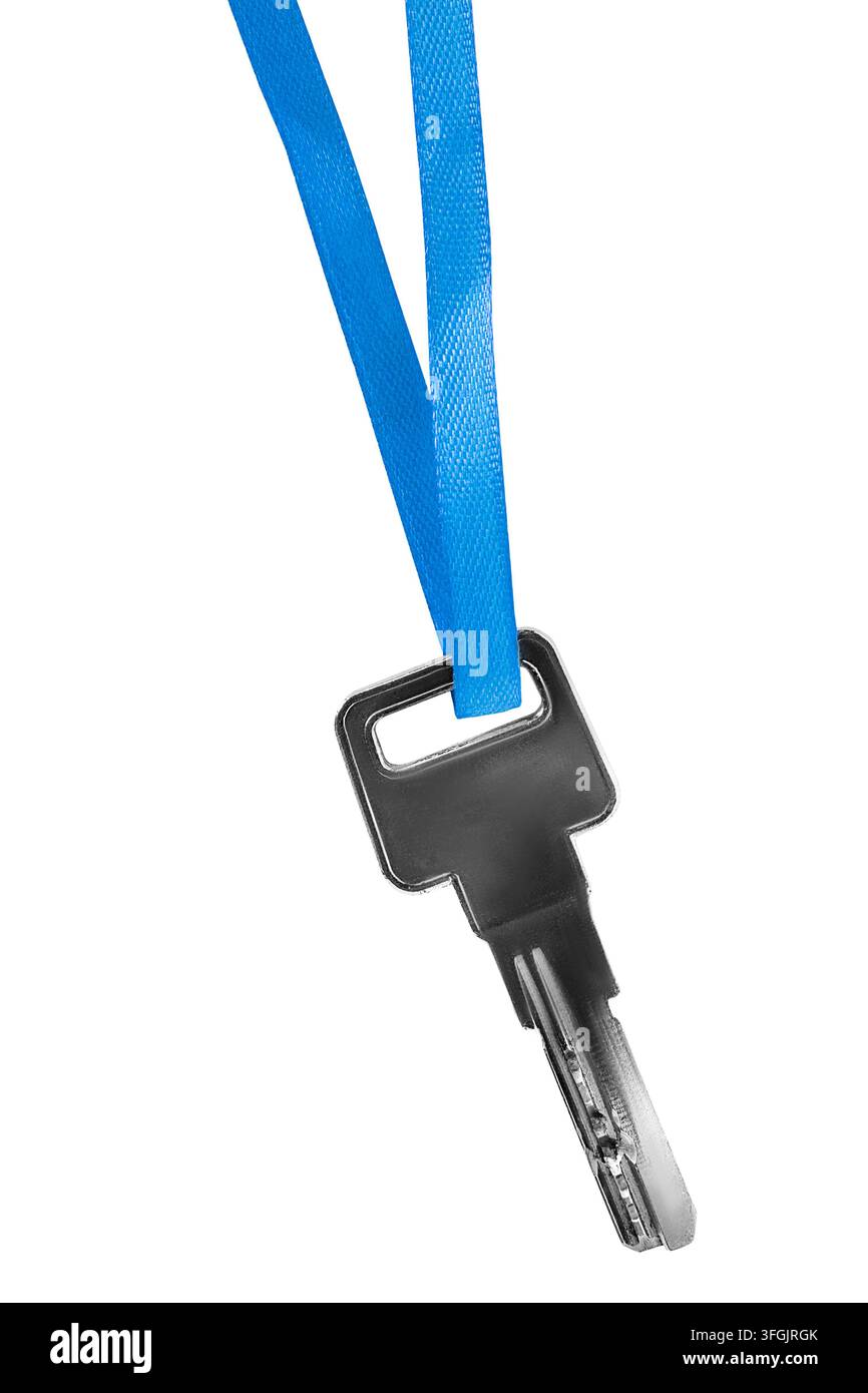 Steel door key hanging on blue lace isolated on white background Stock Photo