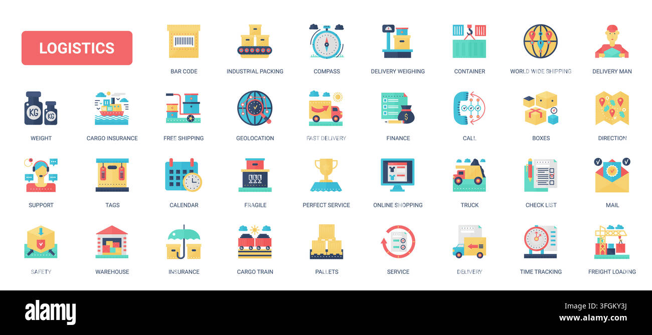 Colorful logistics and shipping service symbols covering delivery, warehouse, cargo tracking, packaging, insurance and transport operations flat icons set vector illustration Stock Vector