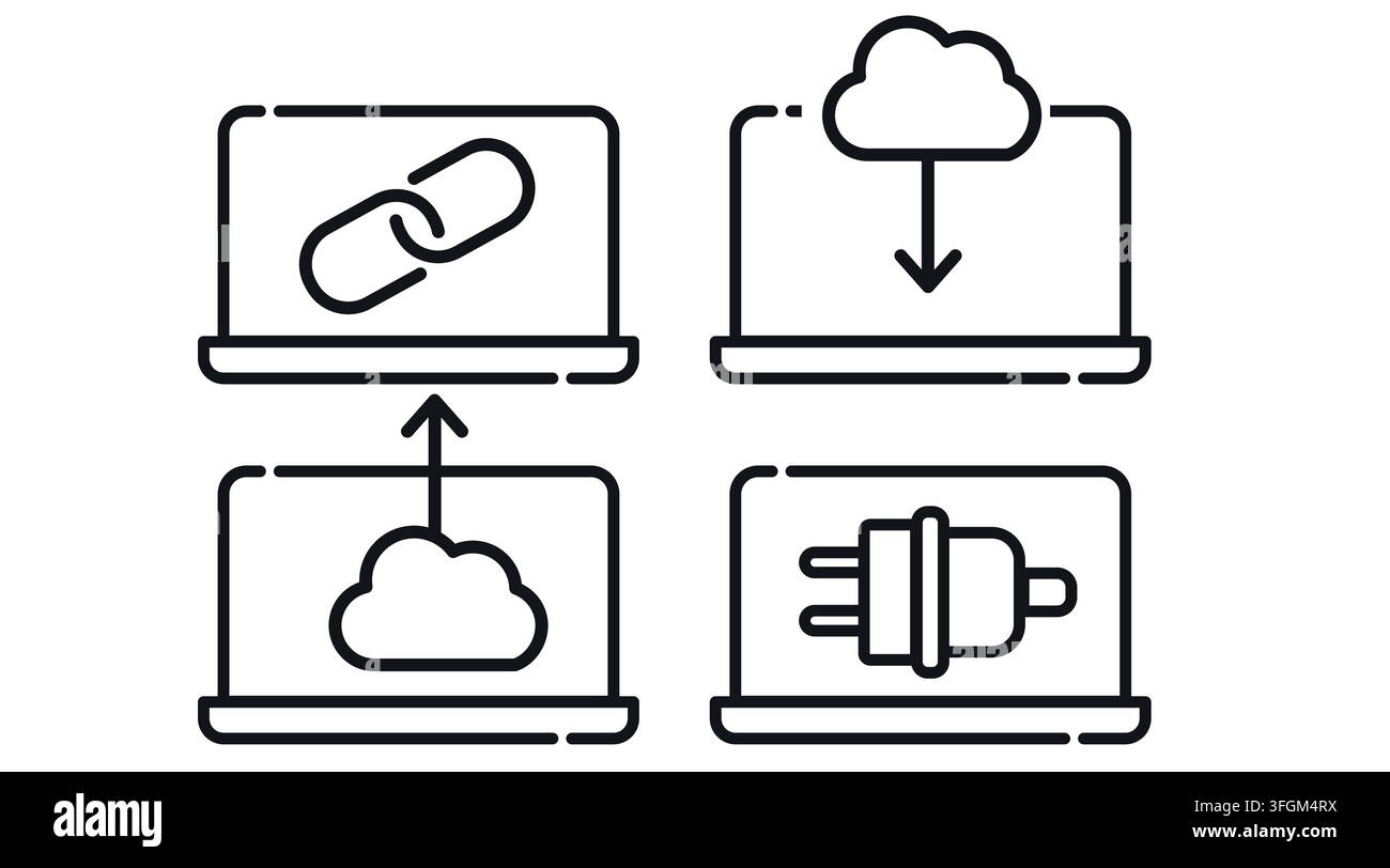 Cloud computing transfer and web connectivity laptop computers vector icons set. Black line art style on white background. Stock Vector