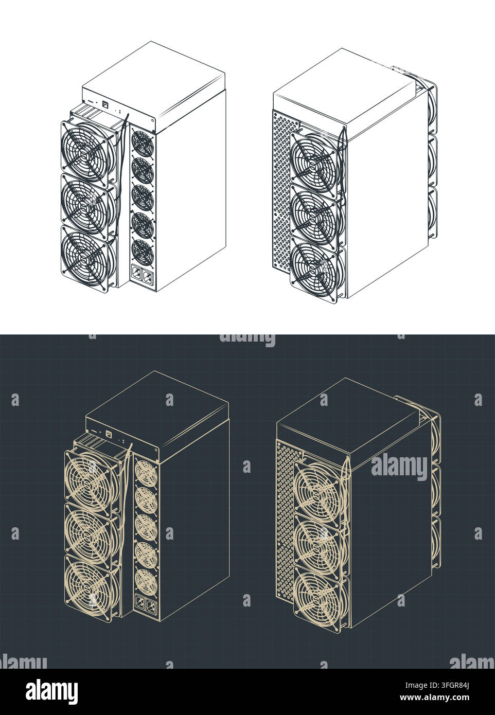 ASIC miner crypto currency mining hardware isometric blueprint, stylized vector illustrations Stock Vector