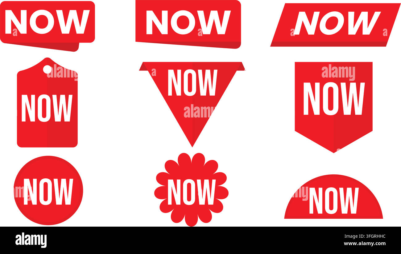 Red NOW Label Badge Collection Set Flat Vector Stickers in Multiple Shapes Stock Vector