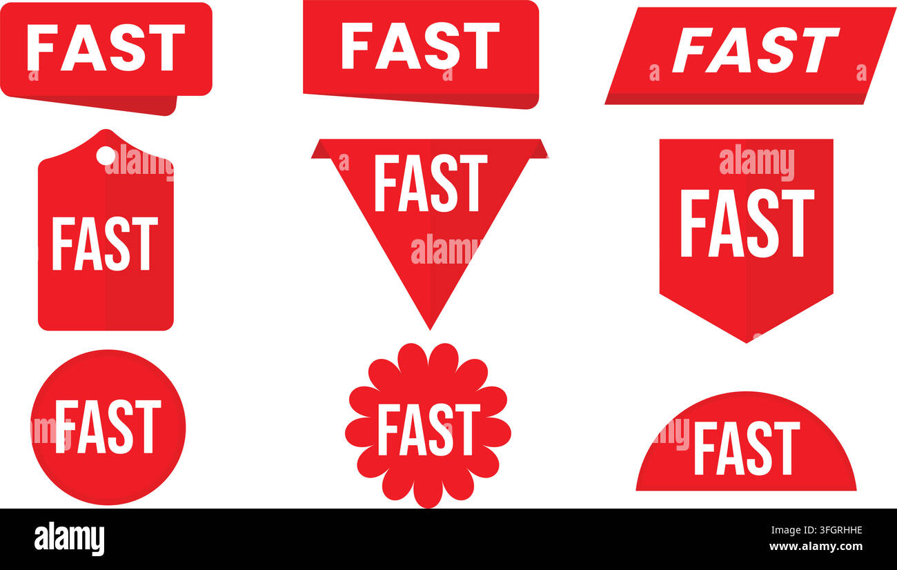 Red FAST Label Badge Collection Set Flat Vector Stickers in Multiple Shapes Stock Vector