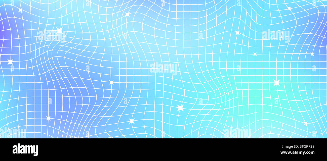 Y2k trippy sparkle grid mesh background. Distorted wireframe pattern with stars. Groovy bluish gradient twinkle and line checkered wallpaper. Vector colorful gradation nostalgic aesthetic tile texture Stock Vector