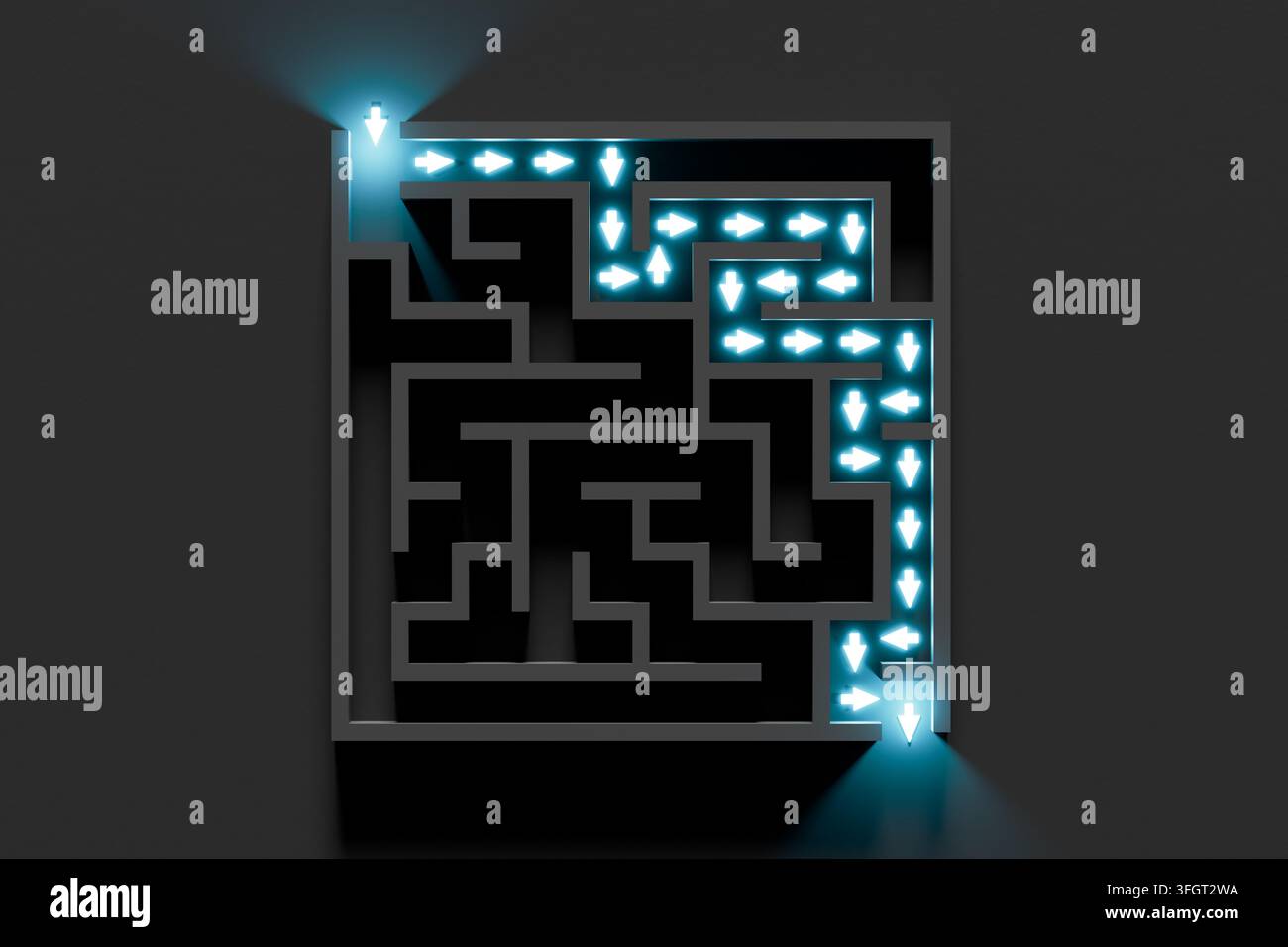Glowing blue arrows illuminating the correct path through a complex dark maze, representing guidance, problem solving and finding a solution Stock Photo