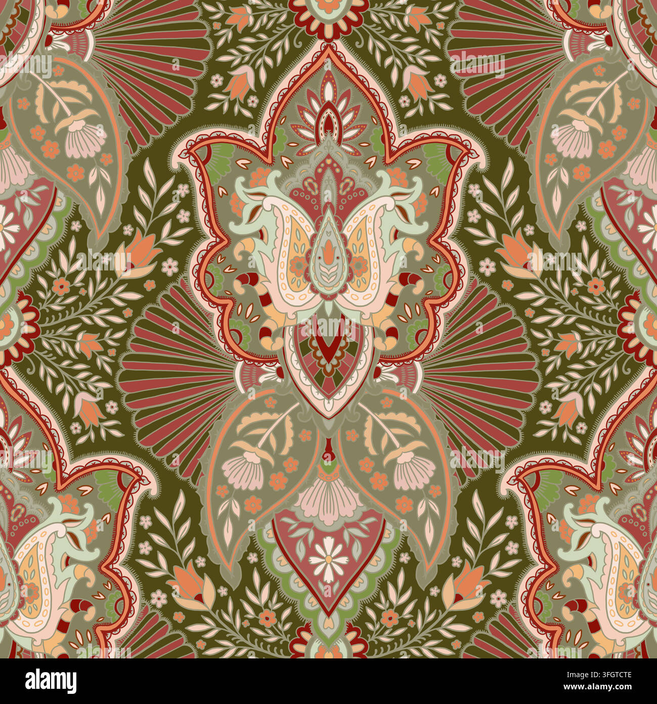 Folk Paisley Medallion Damask Pattern Stock Vector