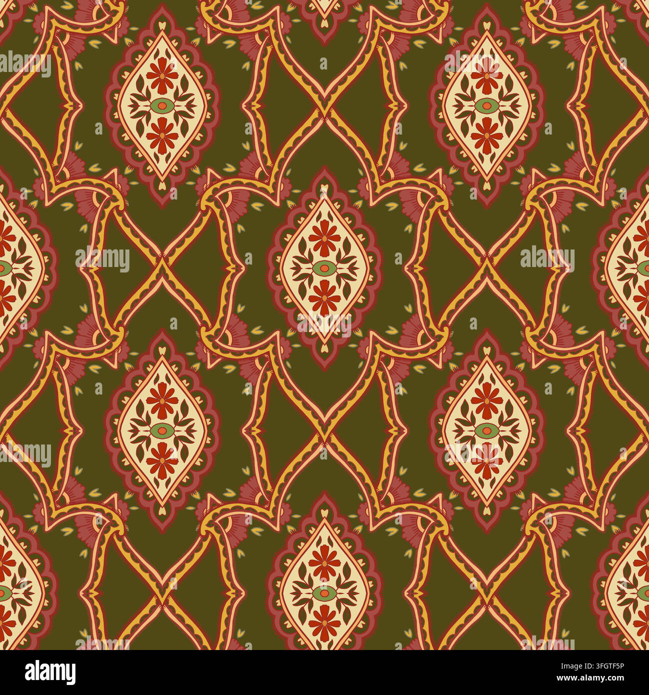 Olive Green Ogee Trellis Floral Pattern Stock Vector