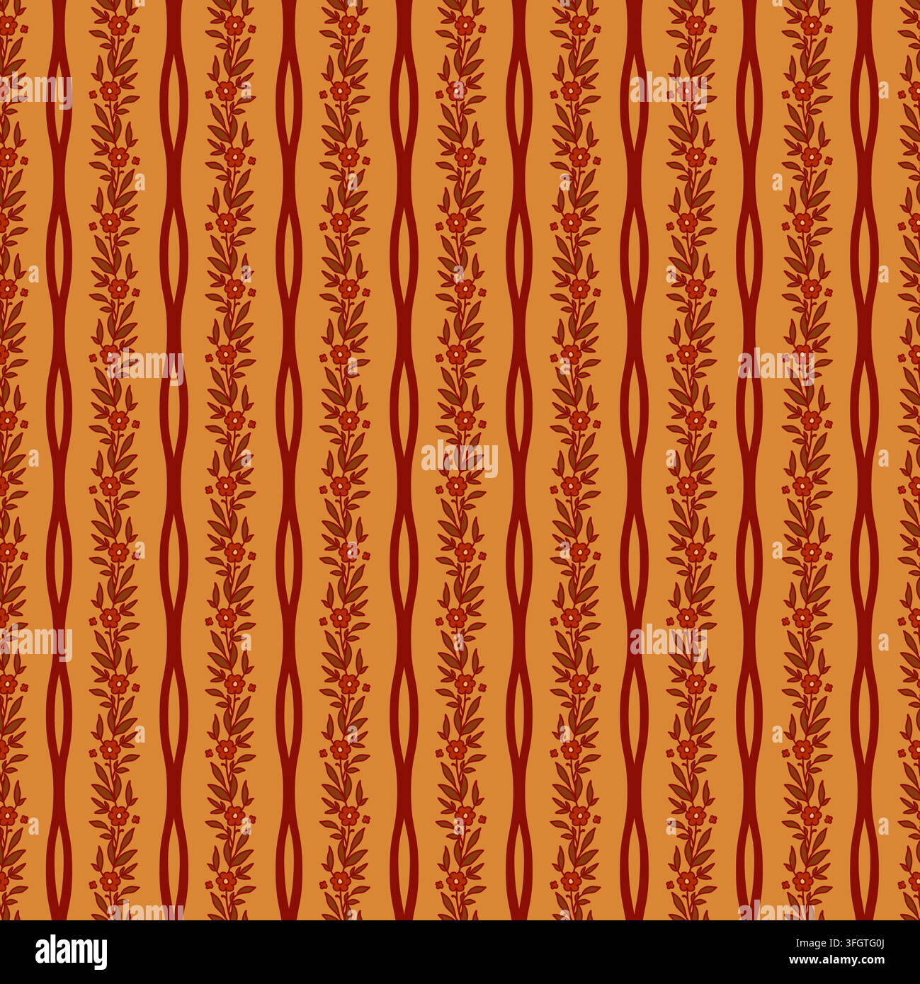 Orange Floral Vine Vertical Ribbon Pattern Stock Vector