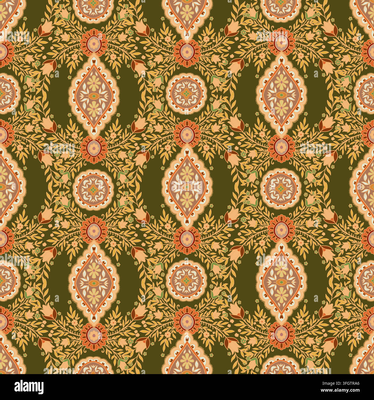 Olive Green Floral Damask Medallion Trellis Pattern Stock Vector
