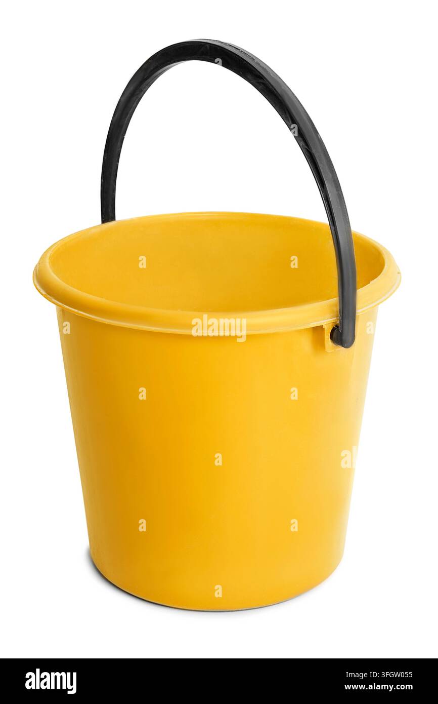 Empty plastic yellow bucket isolated on white background Stock Photo