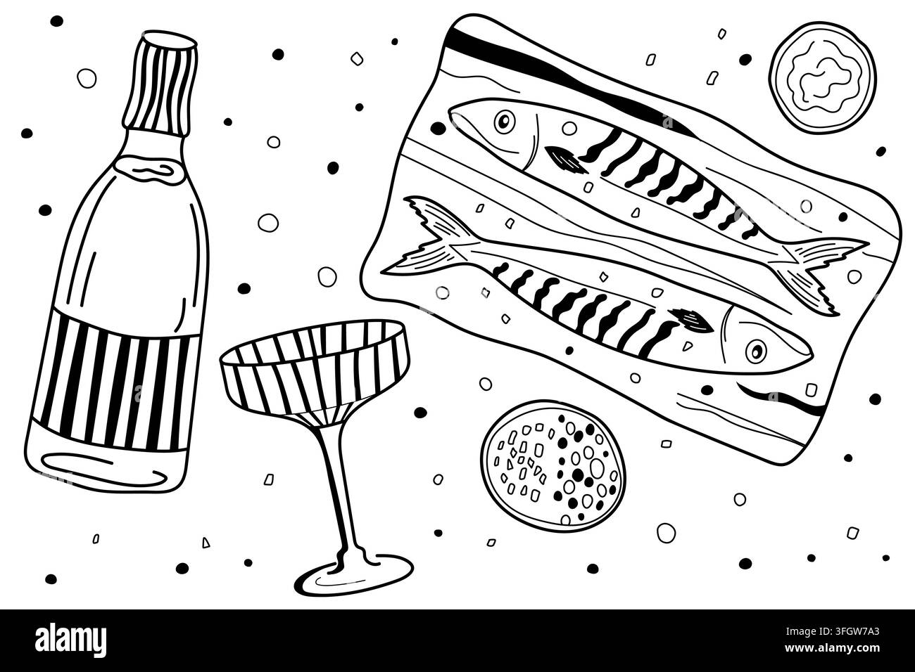 Fish and wine composition Stock Vector