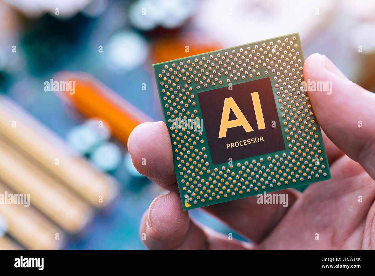 AI Chip, Artificial intelligence AI and Machine learning or Deep Learning Computer Chip. NPU Processor Technology inside GPU Graphic Card Concept. Stock Photo