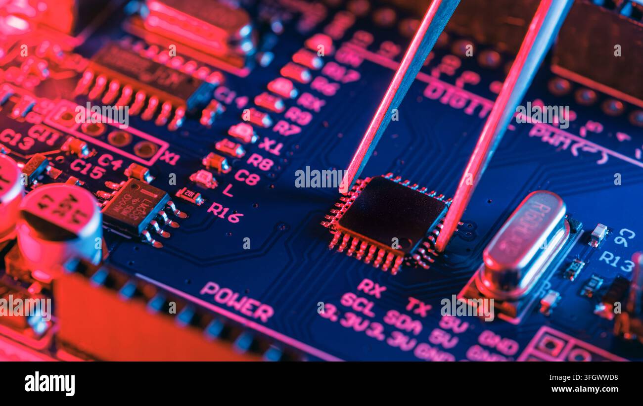Micro Controller Chip. Close up Microchip Small AI CPU Processor Unit. Replace Placement Fix Repair Microprocessor in Computer Digital Part Stock Photo