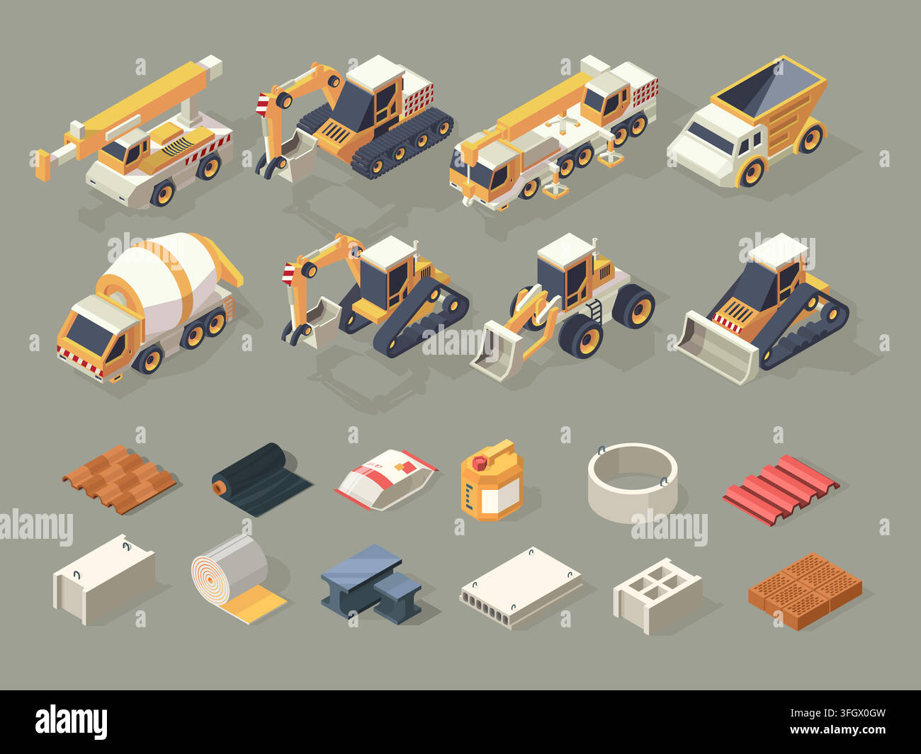 Construction vehicles and building materials isometric icon set vector illustration Stock Vector