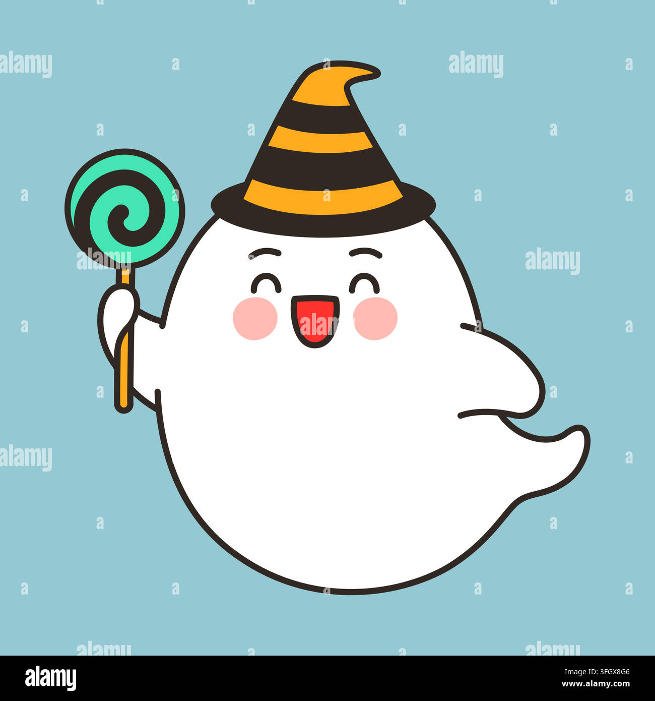 Cute ghost witch with striped hat and lollipop vector illustration Stock Vector