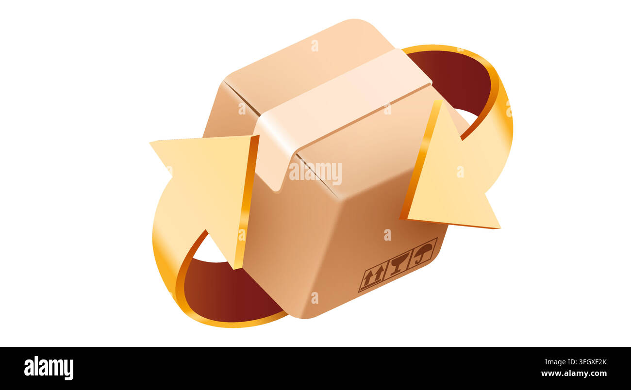 Delivery parcel with circular arrows. Icon concept of fast shipping and return. Vector illustration Stock Vector