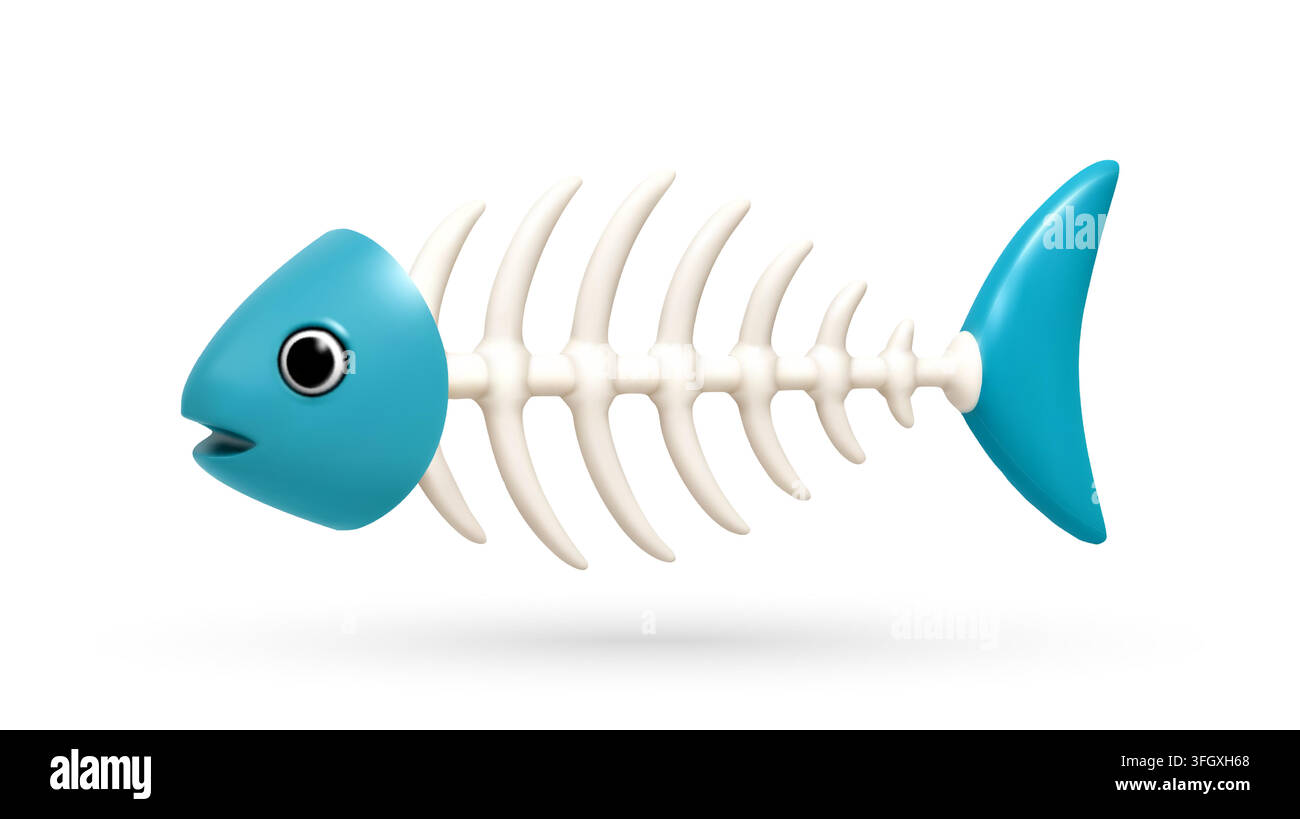 Fish bone skeleton with blue head and tail in 3d Stock Vector