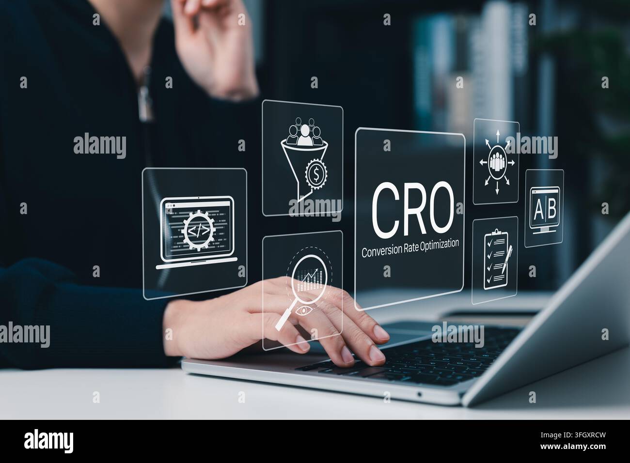 CRO conversion rate optimization concept. Person using laptop, CRO analytics, A B testing, customer funnel, website performance, audience targeting, Stock Photo