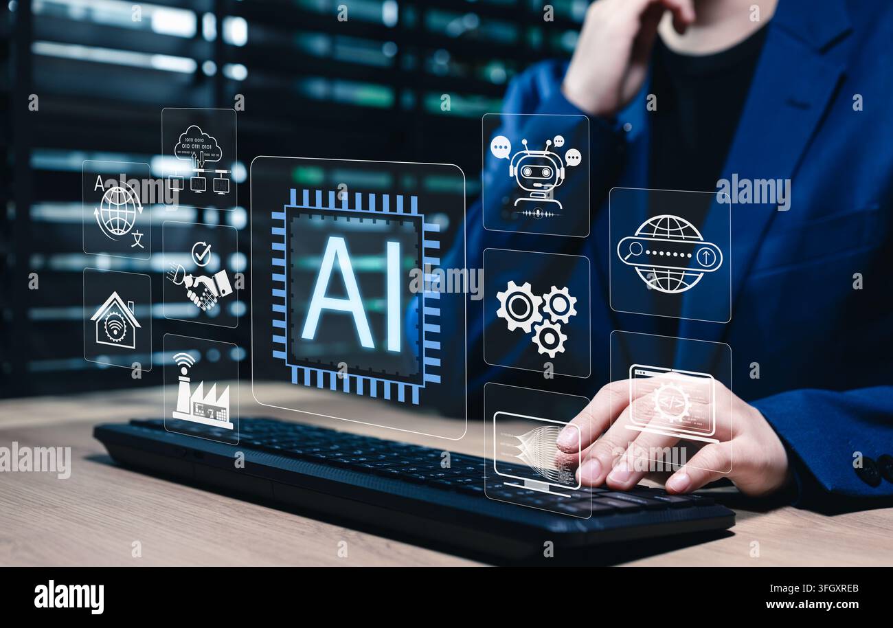 Artificial intelligence automation concept. Businesswoman using computer, machine learning, AI chatbot communication, workflow optimization, smart sys Stock Photo