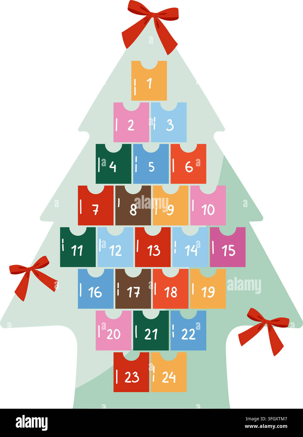 Christmas tree advent calendar with pockets numbered 1 to 24 vector flat illustration Stock Vector