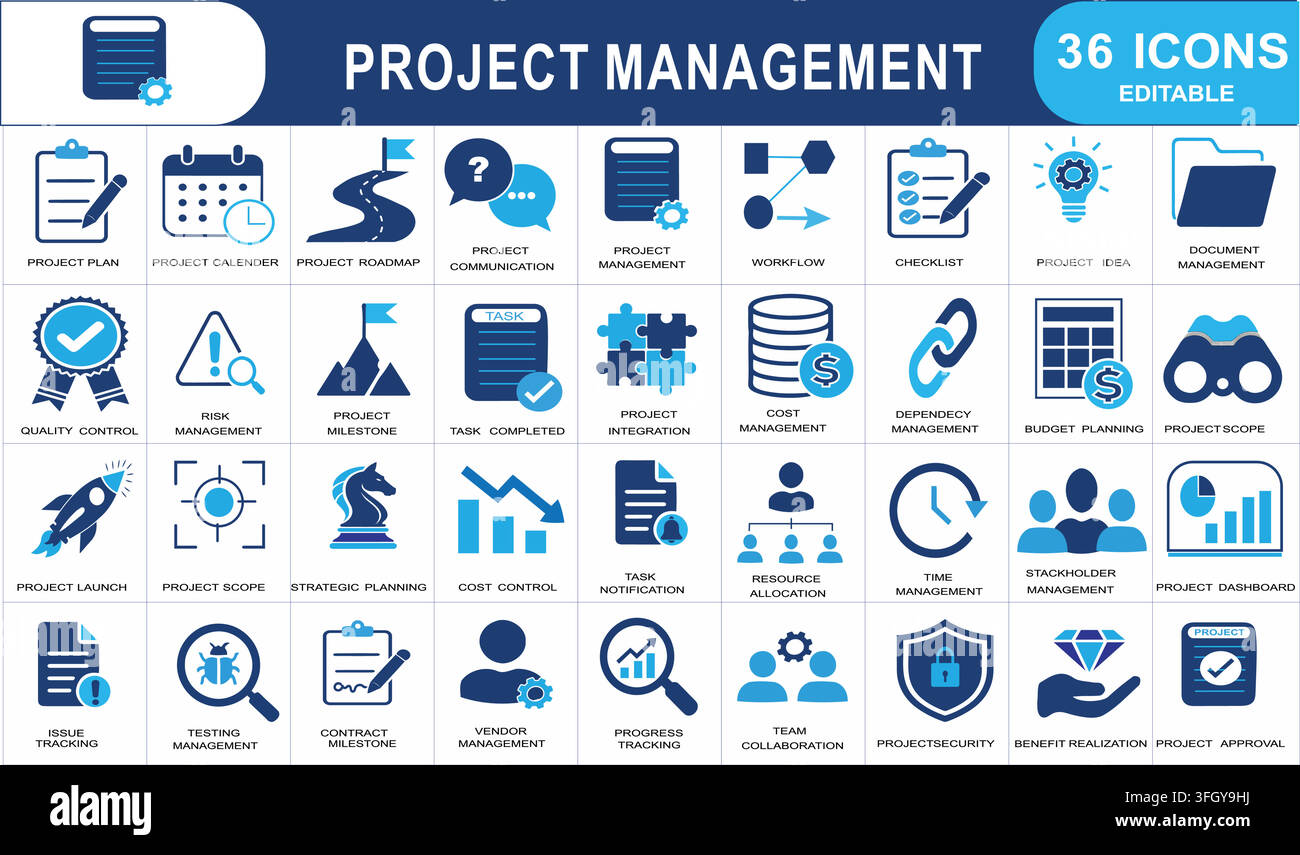 Project Management solid vector glyph  icon set - 36 Vector Line Icons featuring Business Planning, Workflow, Task Tracking, Strategy, Budgeting, Stock Vector