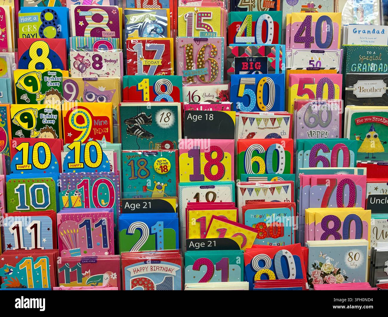 Birthday cards selection for sale in shop. Anniversary cards for all ages. - Smartphone Captured Stock Image