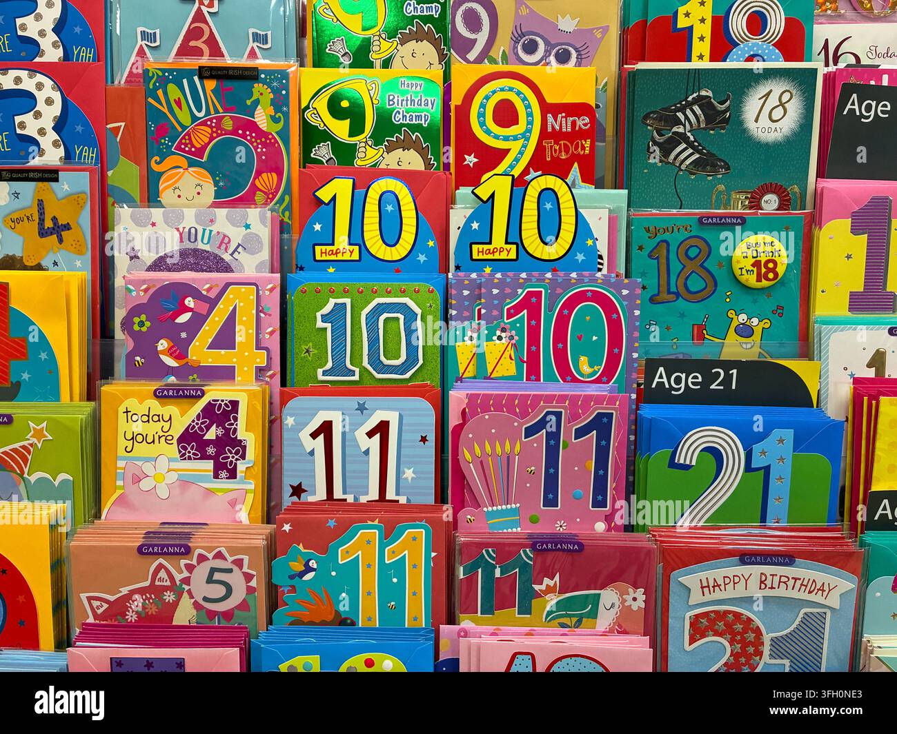 Birthday cards selection for sale in shop. Anniversary cards for all ages. - Smartphone Captured Stock Image
