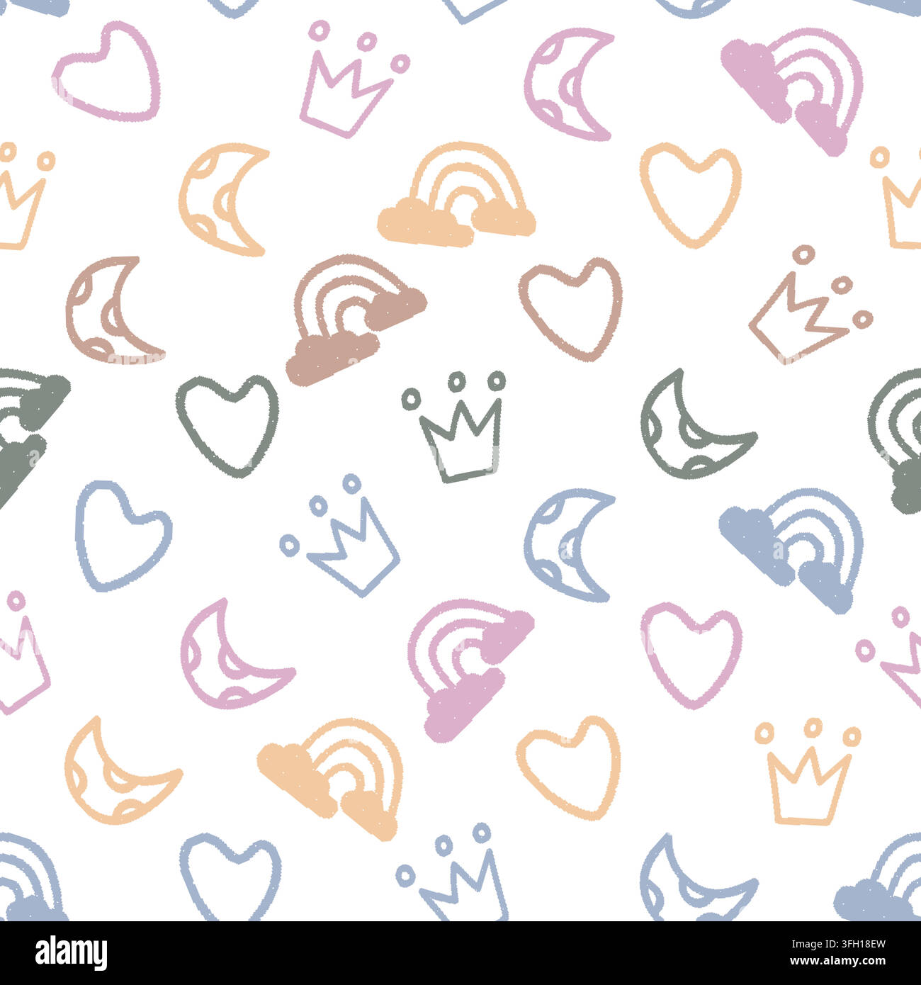 Hearts Crowns Moons Rainbows Seamless Pattern. Vector seamless dithering pixel style pattern Stock Vector
