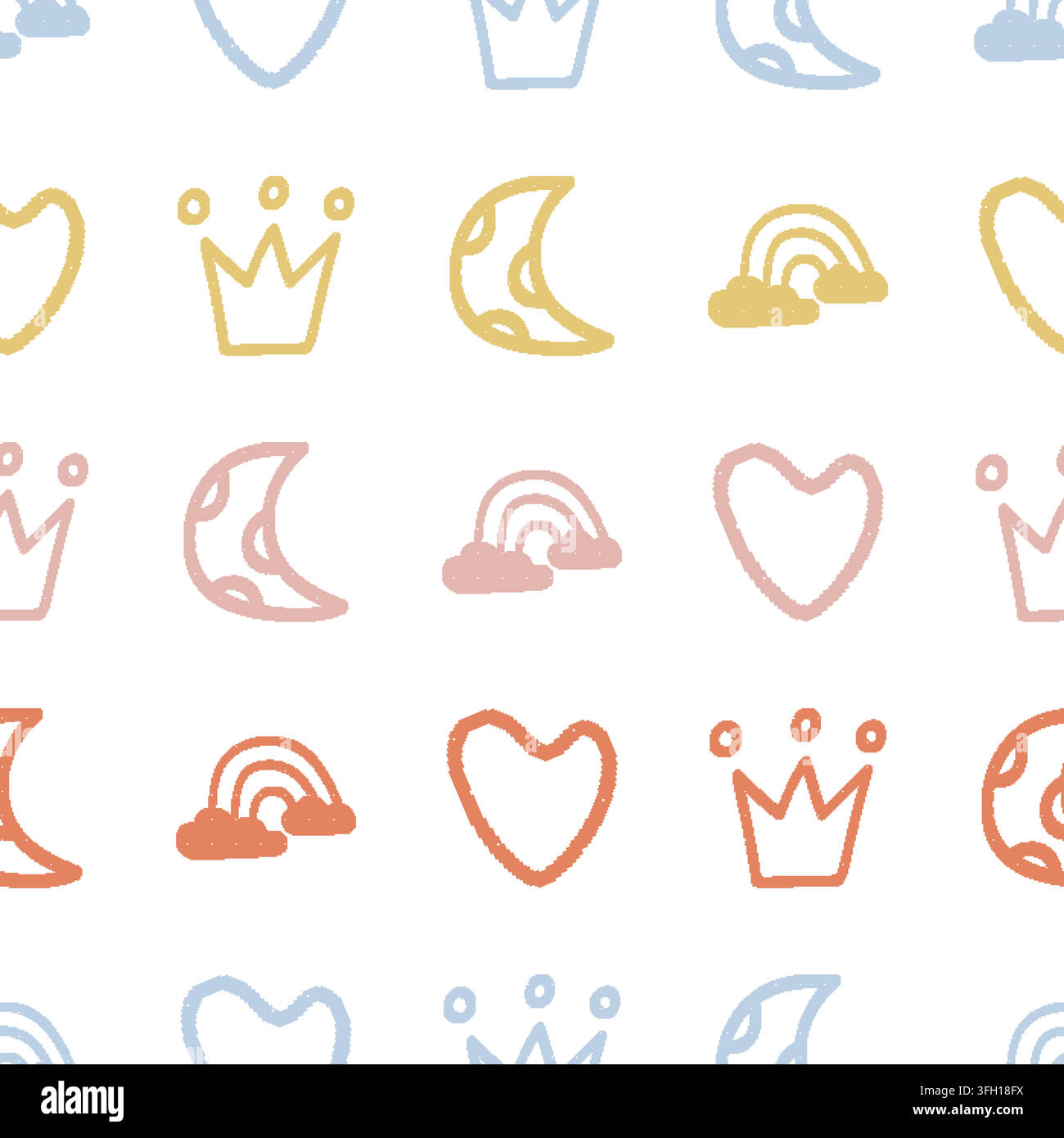 Hearts Crowns Moons Rainbows Seamless Pattern. Vector seamless dithering pixel style pattern Stock Vector