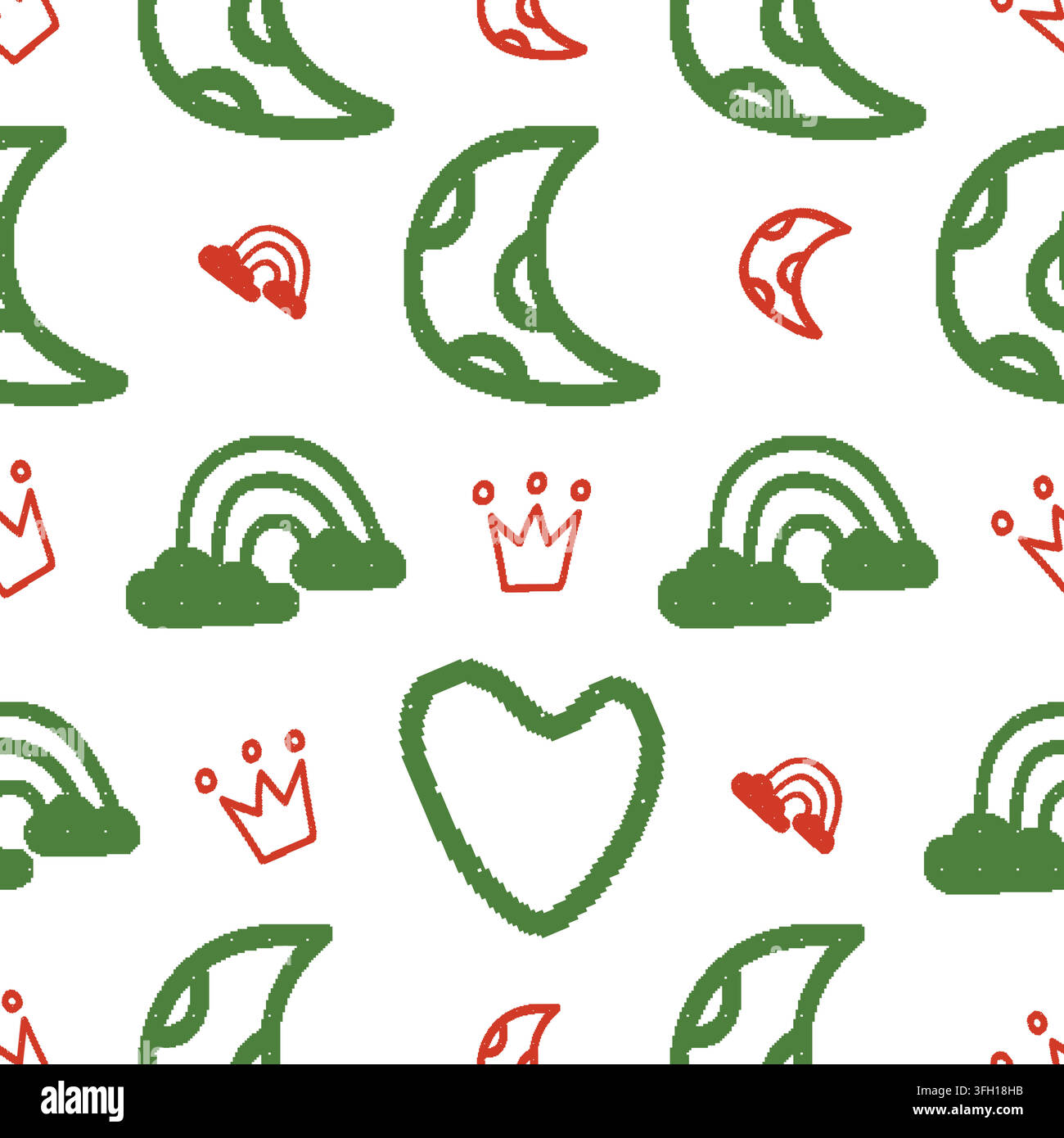 Moons Rainbows Crowns Hearts Seamless Pattern. Vector seamless dithering pixel style pattern Stock Vector