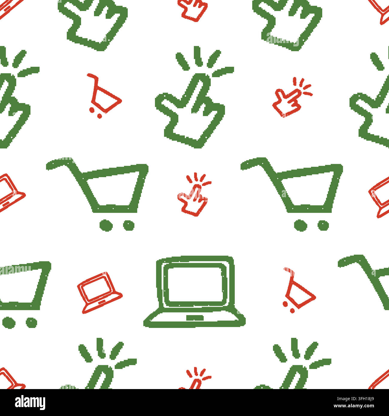 Mouse Cursor Shopping Cart Laptop Pixel Dither Seamless Pattern. Vector seamless dithering pixel style pattern Stock Vector