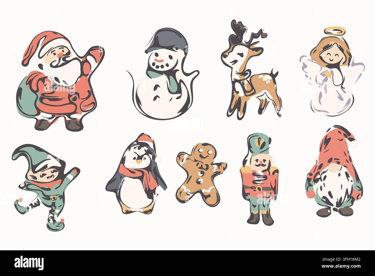 Cute Christmas Character Set Hand Drawn Vector Stock Vector