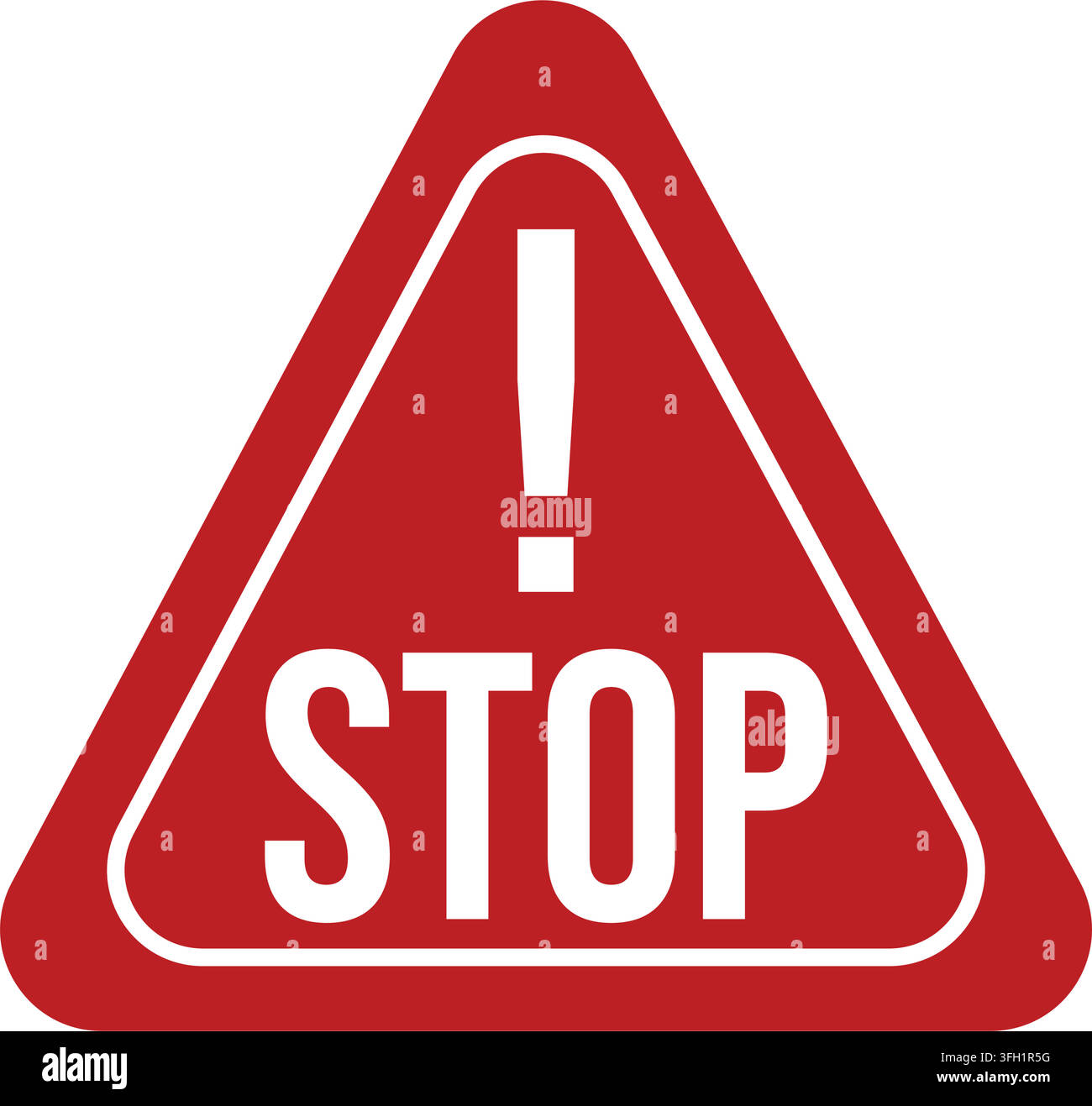 A large red triangular road sign white exclamation mark stop text plain white background warning drivers halt proceed Stock Vector