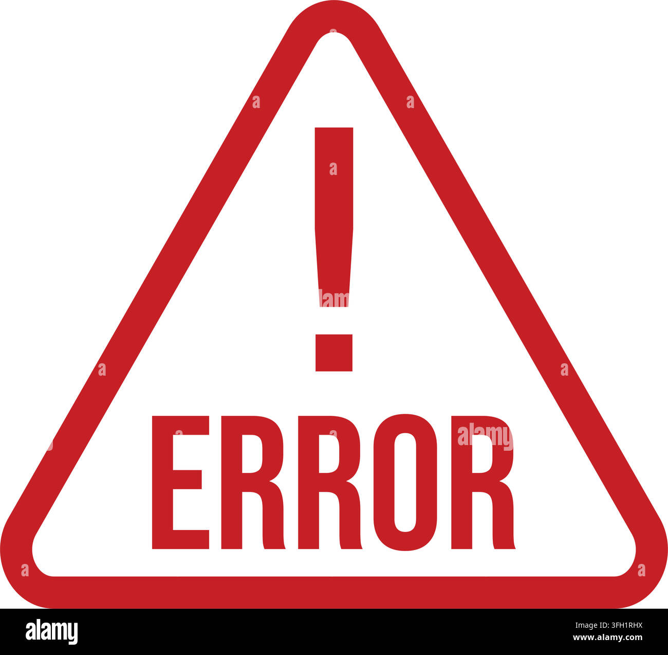 A bold red triangle warning sign large exclamation mark word error bold red letters white background caution Stock Vector