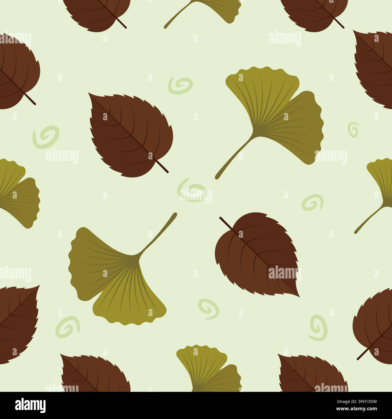 Brown Leaves And Olive Green Ginkgo Seamless Pattern Vector Background On Pale Green Surface For Autumn Nature Wrap And Stock Vector