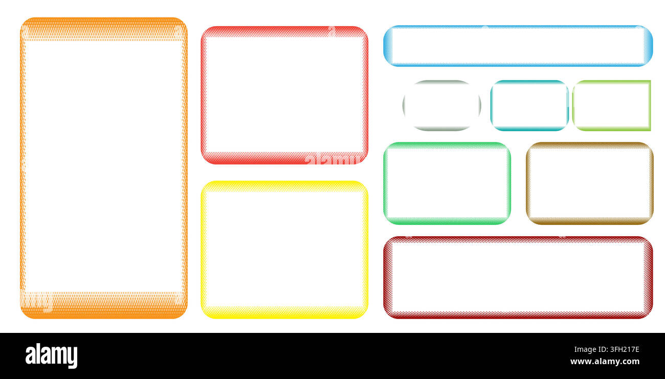 A collection of various rectangular frames featuring a gradient halftone dot pattern in different colors, isolated on a clean white background. Stock Vector