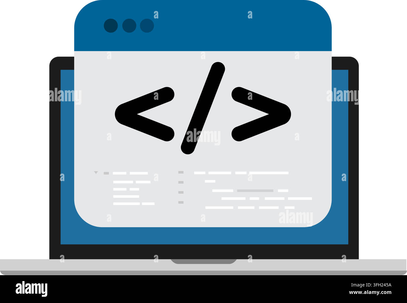 laptop displaying code symbol and browser window illustration for web design software programming and code learning icon Stock Vector