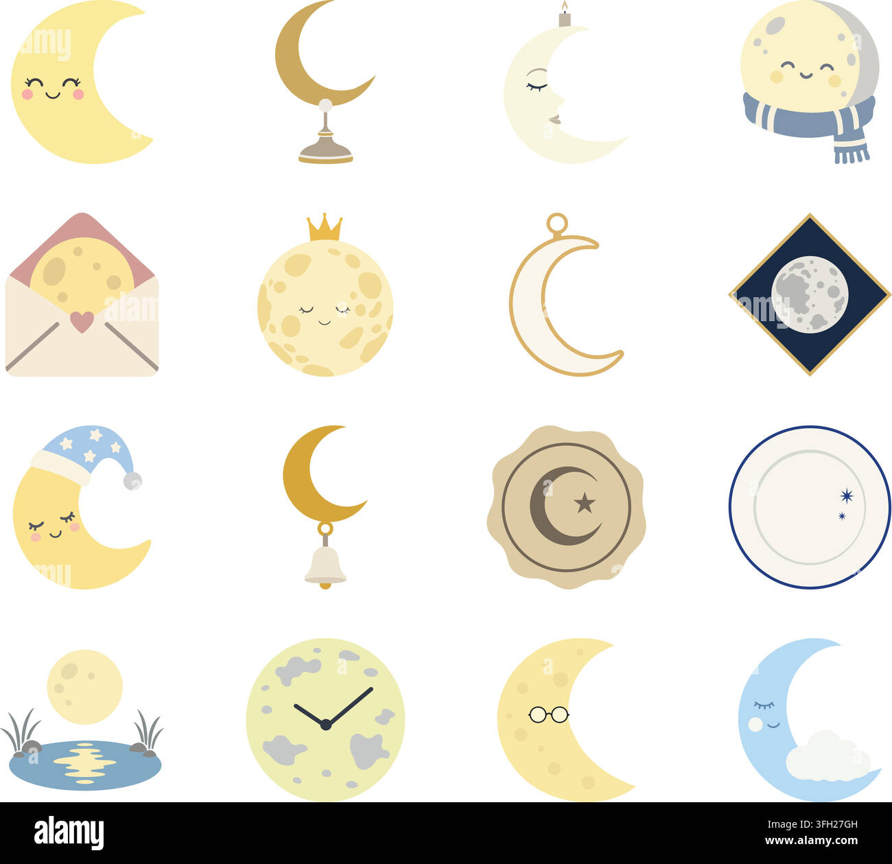 A soft flat illustration set featuring various moon themed designs. Stock Vector