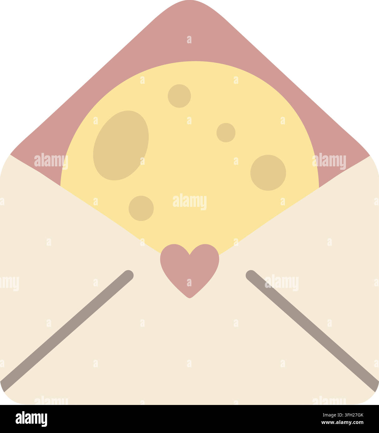An open envelope containing a moon themed letter with crater details and a small heart seal Stock Vector