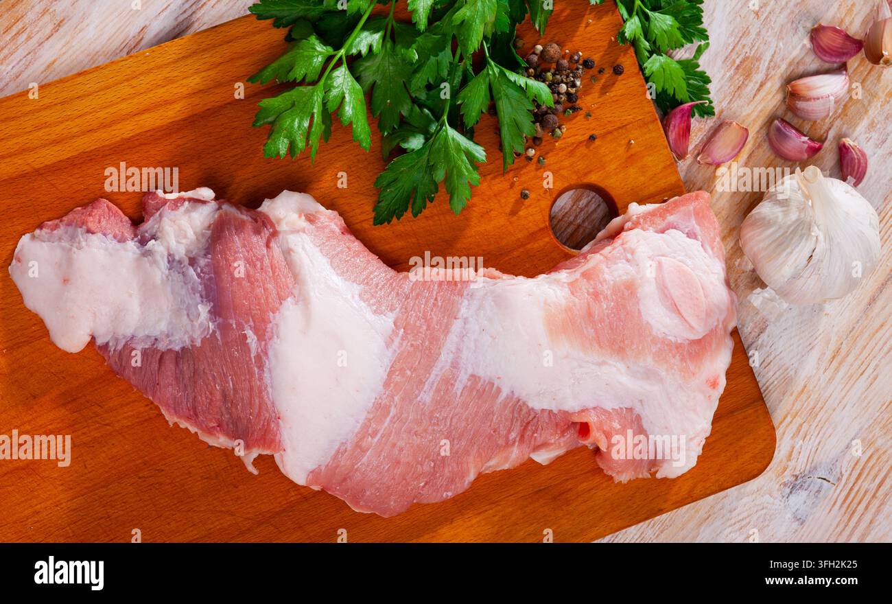 Iberian Raw slice of Iberian pork secret, small piece cut between shoulder and ...