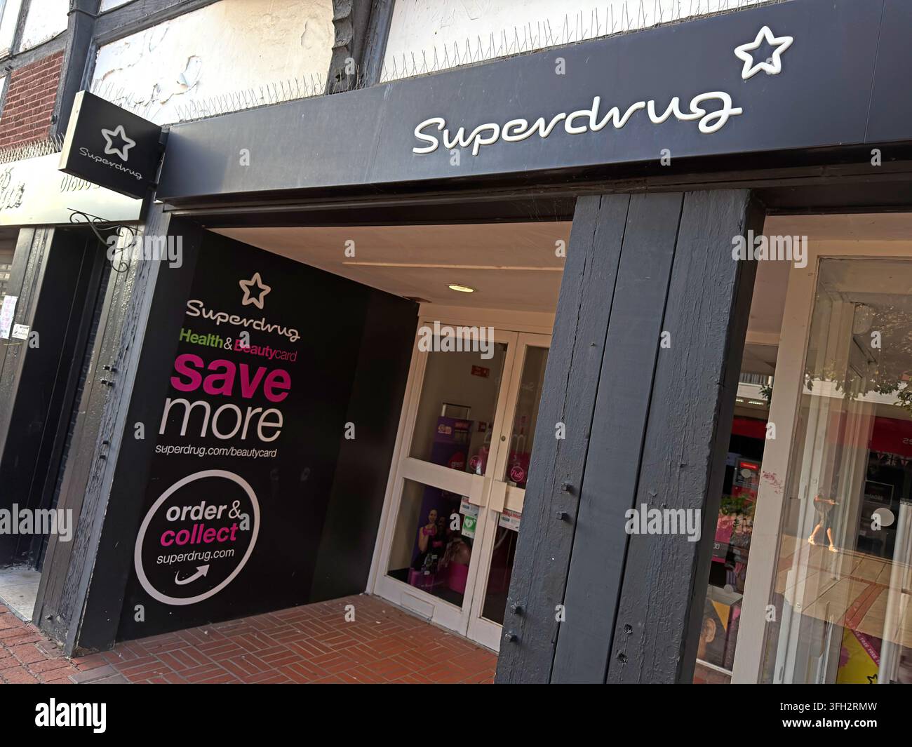 Superdrug branch on Witton Street in Northwich town centre, promoting savings and order-and-collect services from the shopfront. Stock Photo