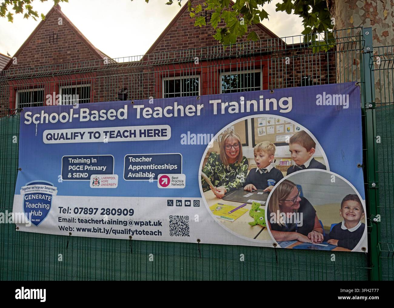 School-based teacher training recruitment banner in Warrington inviting applicants to qualify through SEND, PGCE and apprenticeship routes. Stock Photo